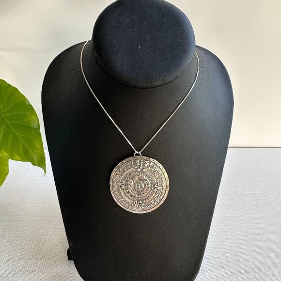 Mexican Sterling Aztec Calendar Pendant - Picture 2 of 10